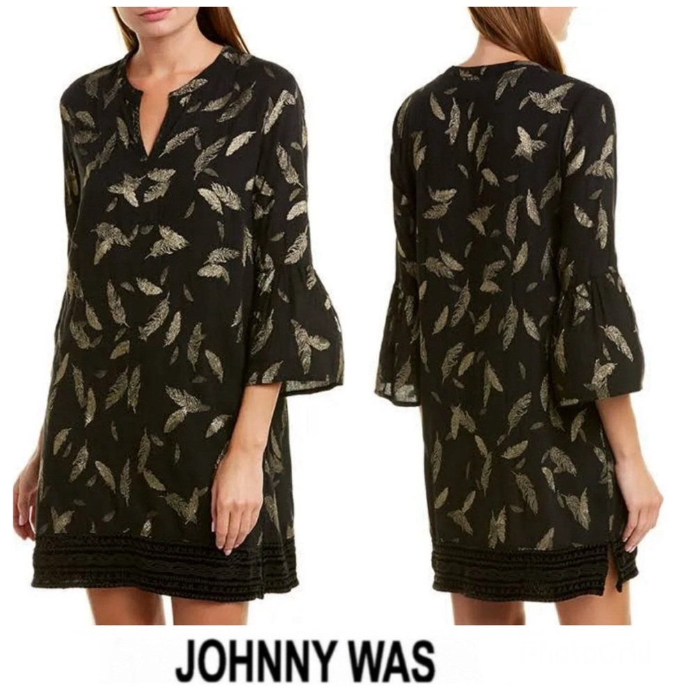 JOHNNY WAS Workshop Black Metallic Gold Feathers Embroidered Hem Mini Dress Sz L